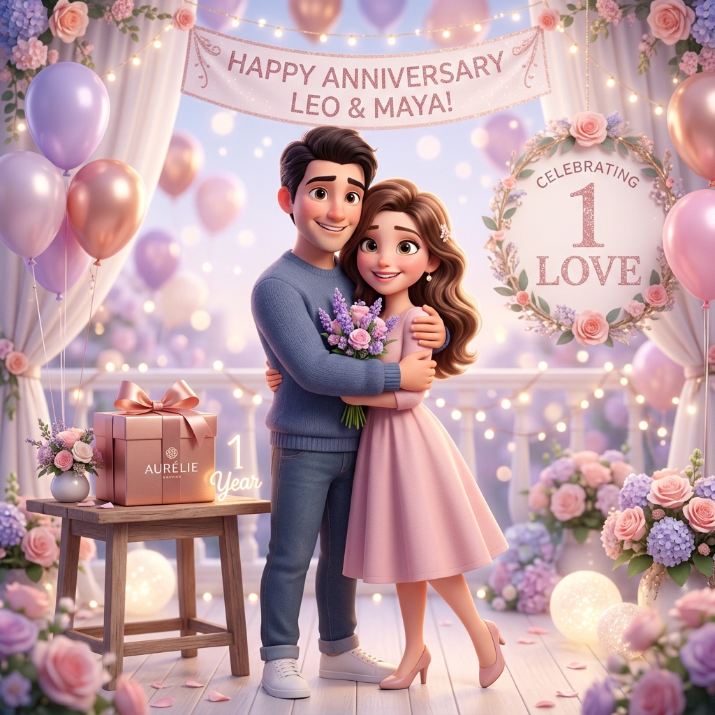 Preview of romantic 3D anniversary illustration website template