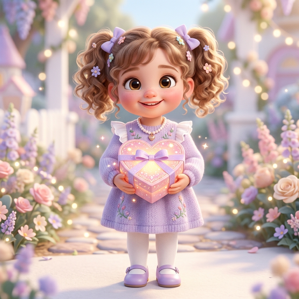 Cute 3D illustration of a character holding a glowing heart gift box
